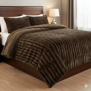 Divatex Home Fashions Queen Faux Fur Duvet Set – Chocolate Brown Ribbed Minky –